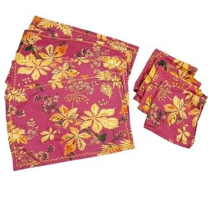 Set 4 April Cornell Placemats & 4 Napkins Cotton Botanical Leaves Rust Orange
